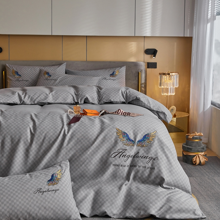 91家纺网 家纺一手货源 找家纺 凡客 2021秋冬新款天使之翼埃类棉刺绣磨毛四件套 天使之翼-银灰