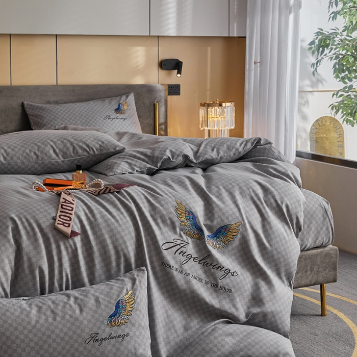 91家纺网 家纺一手货源 找家纺 凡客 2021秋冬新款天使之翼埃类棉刺绣磨毛四件套 天使之翼-银灰