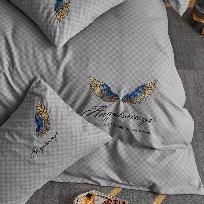 91家纺网 家纺一手货源 找家纺 凡客 2021秋冬新款天使之翼埃类棉刺绣磨毛四件套 天使之翼-银灰