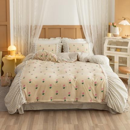 91家纺网 家纺一手货源 找家纺 （总）金爱家 2021新款直播热卖牛奶绒220g泡泡袖四件套