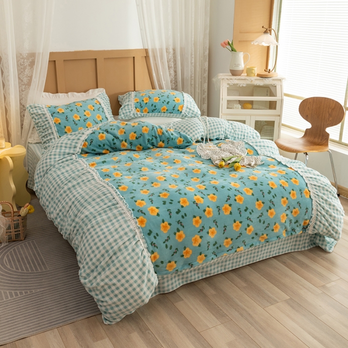 91家纺网 家纺一手货源 找家纺 （总）金爱家 2021新款直播热卖牛奶绒220g泡泡袖四件套