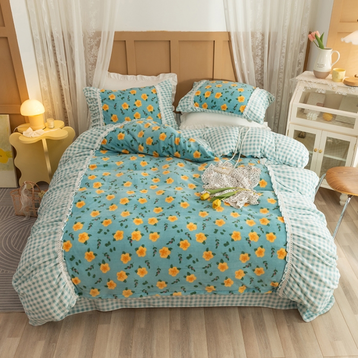 91家纺网 家纺一手货源 找家纺 （总）金爱家 2021新款直播热卖牛奶绒220g泡泡袖四件套