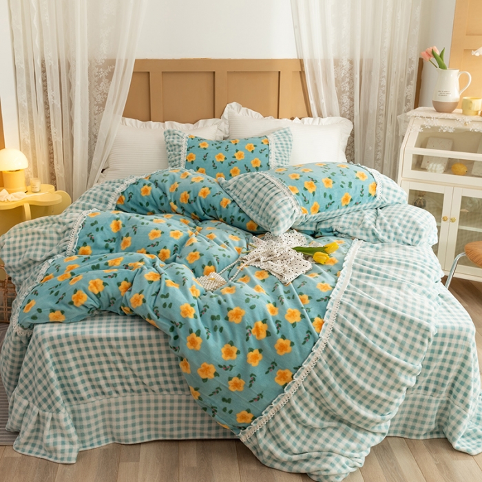 91家纺网 家纺一手货源 找家纺 （总）金爱家 2021新款直播热卖牛奶绒220g泡泡袖四件套