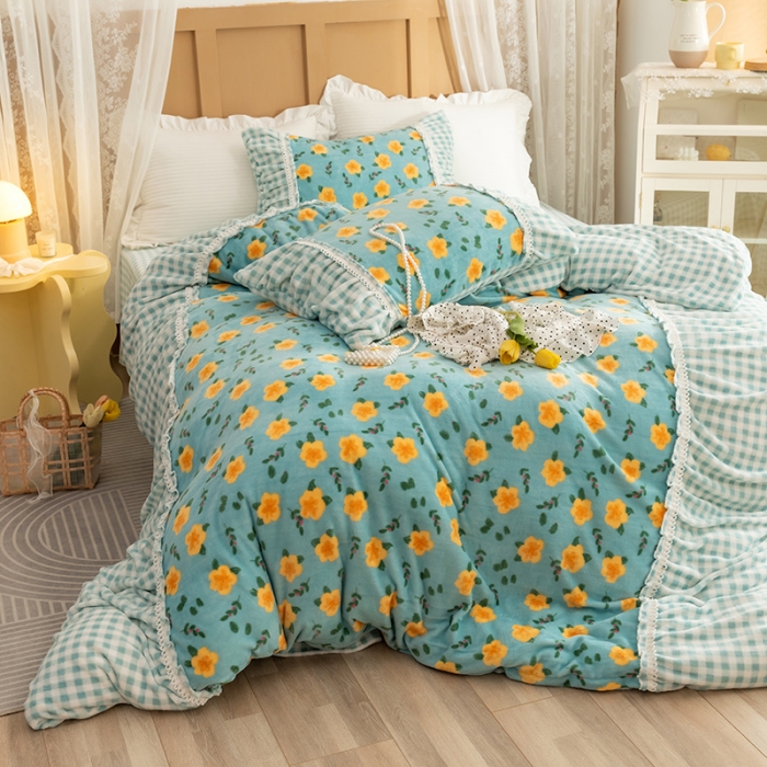 91家纺网 家纺一手货源 找家纺 （总）金爱家 2021新款直播热卖牛奶绒220g泡泡袖四件套