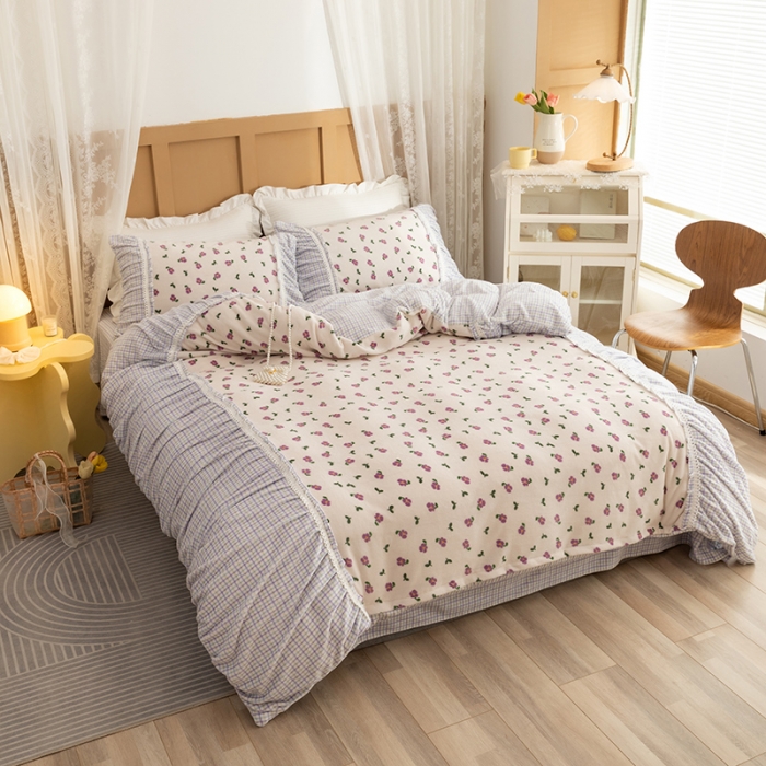 91家纺网 家纺一手货源 找家纺 金爱家  2021新款直播热卖牛奶绒220g泡泡袖四件套 迷你紫朵