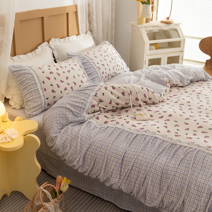 91家纺网 家纺一手货源 找家纺 金爱家  2021新款直播热卖牛奶绒220g泡泡袖四件套 迷你紫朵