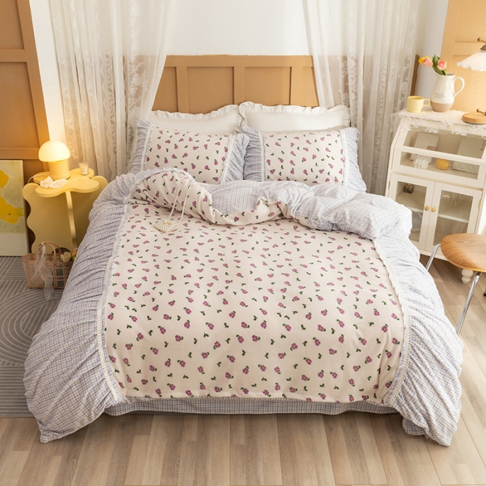 91家纺网 家纺一手货源 找家纺 金爱家  2021新款直播热卖牛奶绒220g泡泡袖四件套 迷你紫朵