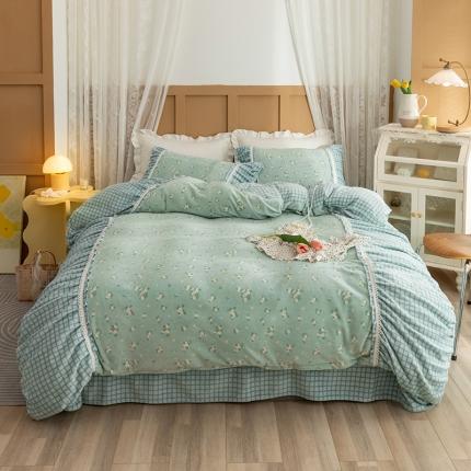 金爱家  2021新款直播热卖牛奶绒220g泡泡袖四件套 清新绿