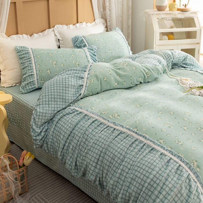 91家纺网 家纺一手货源 找家纺 金爱家  2021新款直播热卖牛奶绒220g泡泡袖四件套 清新绿