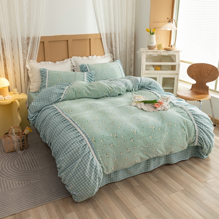 91家纺网 家纺一手货源 找家纺 金爱家  2021新款直播热卖牛奶绒220g泡泡袖四件套 清新绿