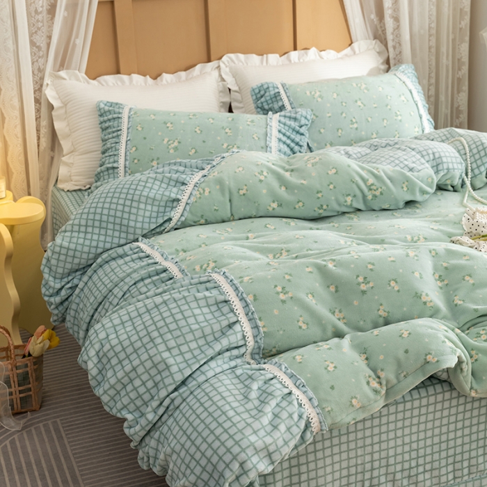 91家纺网 家纺一手货源 找家纺 金爱家  2021新款直播热卖牛奶绒220g泡泡袖四件套 清新绿