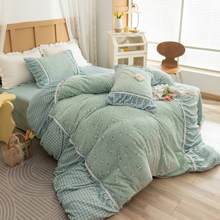 91家纺网 家纺一手货源 找家纺 金爱家  2021新款直播热卖牛奶绒220g泡泡袖四件套 清新绿