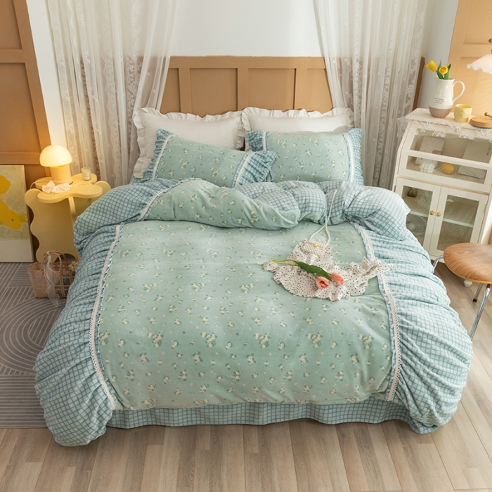 91家纺网 家纺一手货源 找家纺 金爱家  2021新款直播热卖牛奶绒220g泡泡袖四件套 清新绿