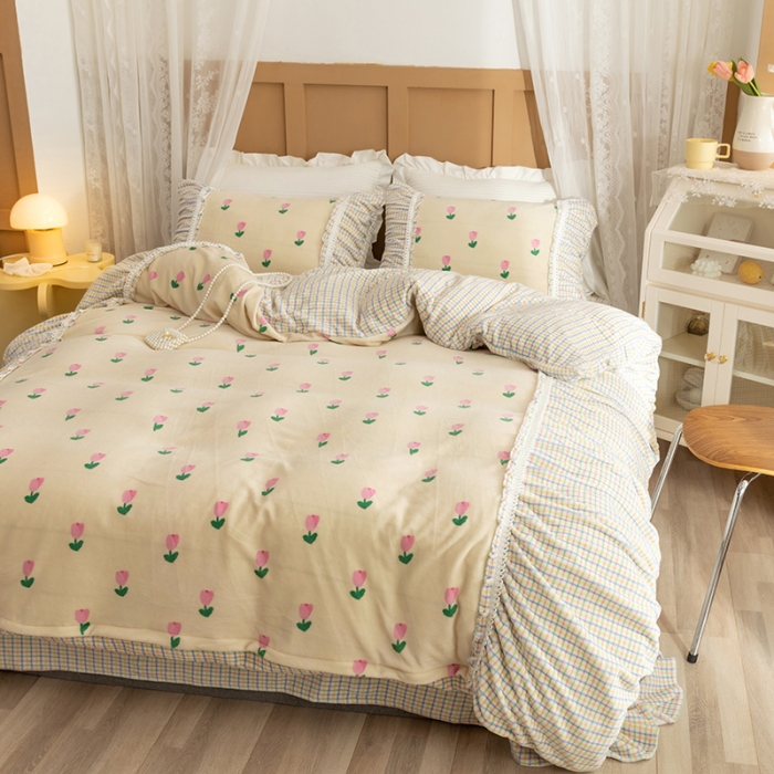 91家纺网 家纺一手货源 找家纺 金爱家  2021新款直播热卖牛奶绒220g泡泡袖四件套 小郁金香