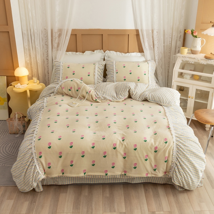 91家纺网 家纺一手货源 找家纺 金爱家  2021新款直播热卖牛奶绒220g泡泡袖四件套 小郁金香