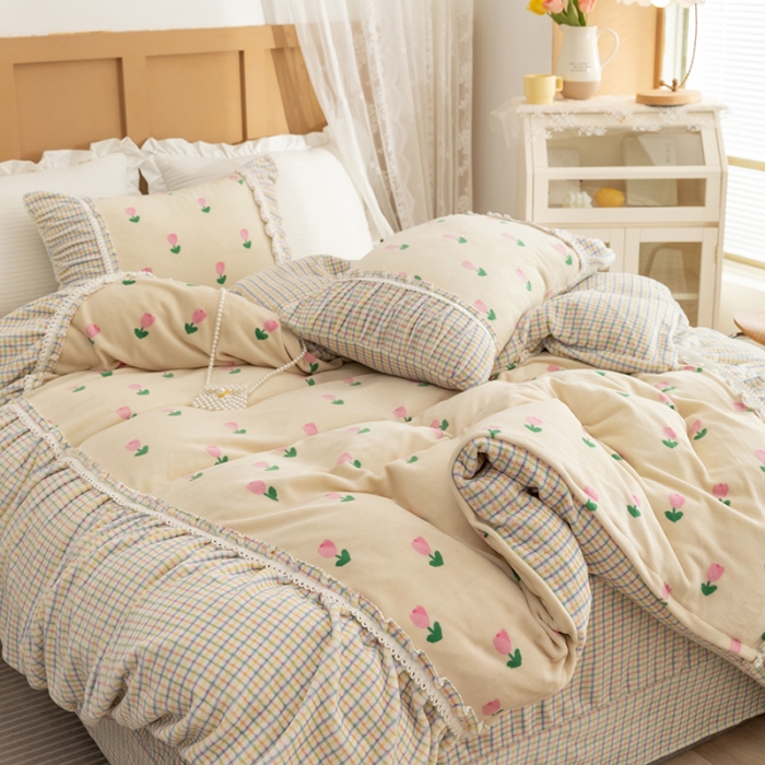 91家纺网 家纺一手货源 找家纺 金爱家  2021新款直播热卖牛奶绒220g泡泡袖四件套 小郁金香