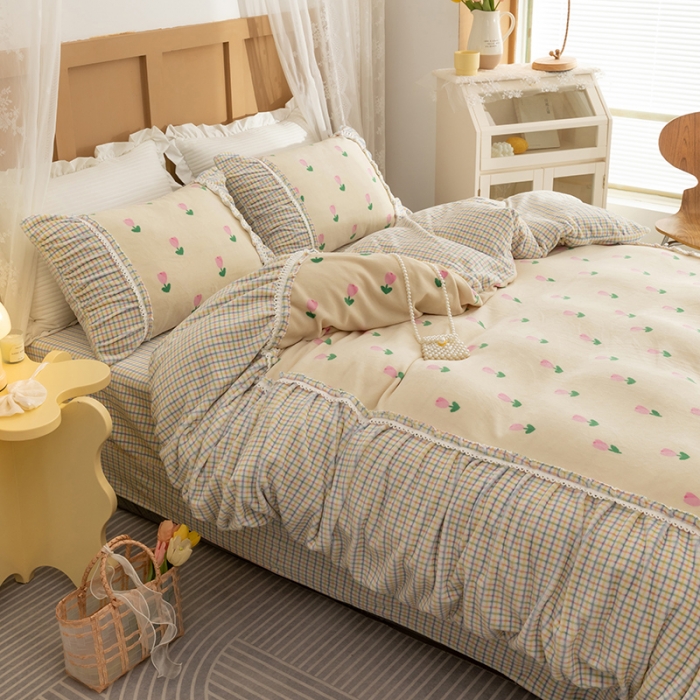 91家纺网 家纺一手货源 找家纺 金爱家  2021新款直播热卖牛奶绒220g泡泡袖四件套 小郁金香