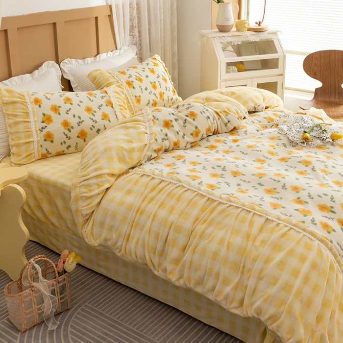 91家纺网 家纺一手货源 找家纺 金爱家  2021新款直播热卖牛奶绒220g泡泡袖四件套 韵彩黄