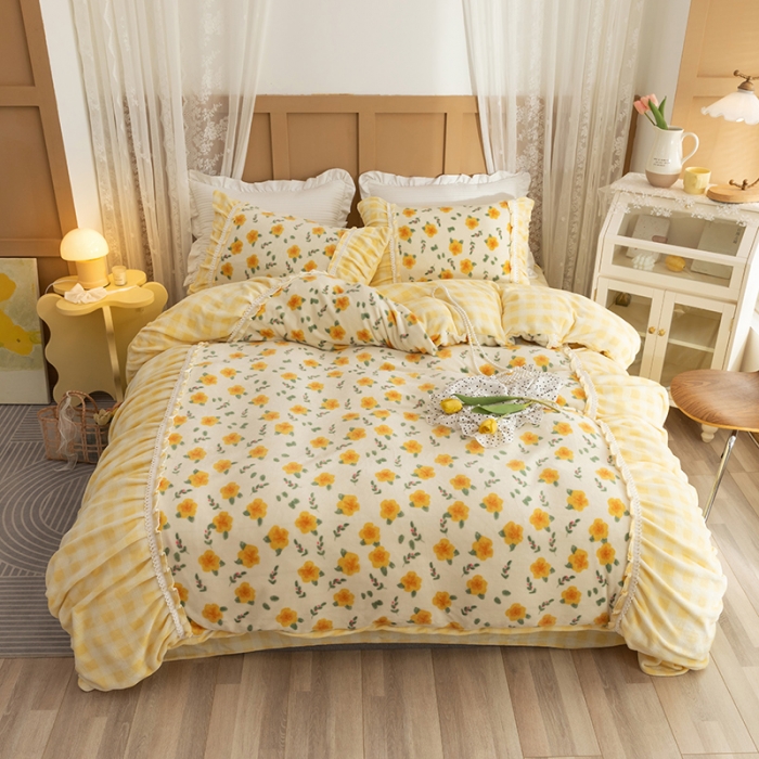 91家纺网 家纺一手货源 找家纺 金爱家  2021新款直播热卖牛奶绒220g泡泡袖四件套 韵彩黄