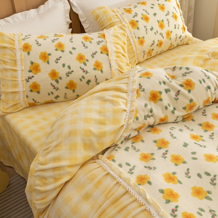 91家纺网 家纺一手货源 找家纺 金爱家  2021新款直播热卖牛奶绒220g泡泡袖四件套 韵彩黄