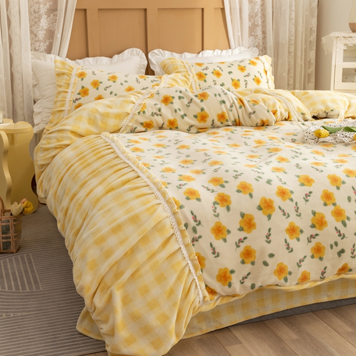 91家纺网 家纺一手货源 找家纺 金爱家  2021新款直播热卖牛奶绒220g泡泡袖四件套 韵彩黄