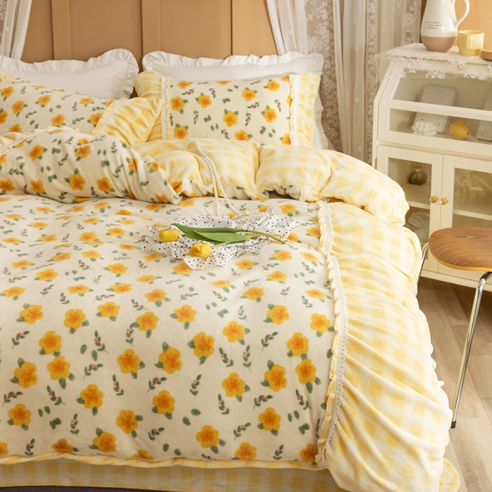 91家纺网 家纺一手货源 找家纺 金爱家  2021新款直播热卖牛奶绒220g泡泡袖四件套 韵彩黄