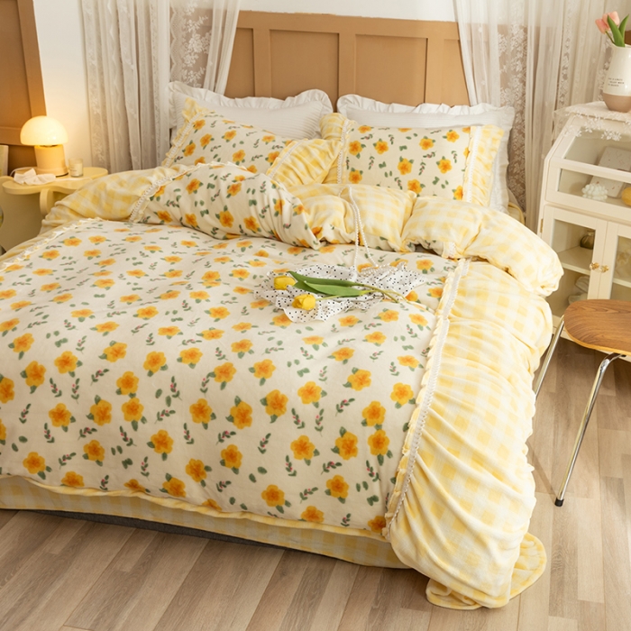 91家纺网 家纺一手货源 找家纺 金爱家  2021新款直播热卖牛奶绒220g泡泡袖四件套 韵彩黄