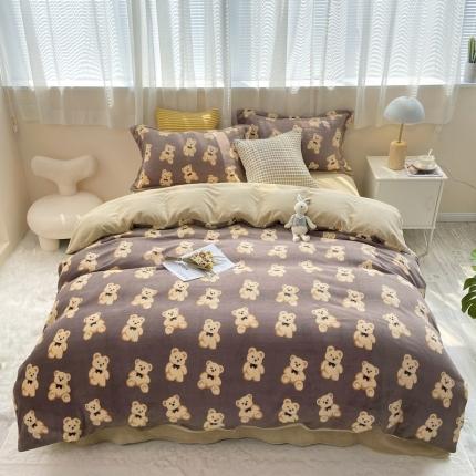 91家纺网 家纺一手货源 找家纺 源启生活 2021新高克重牛奶绒印花四件套婴儿绒 领结熊咖