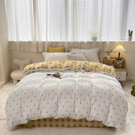 91家纺网 家纺一手货源 找家纺 源启生活 2021新高克重牛奶绒印花四件套婴儿绒 心相印黄