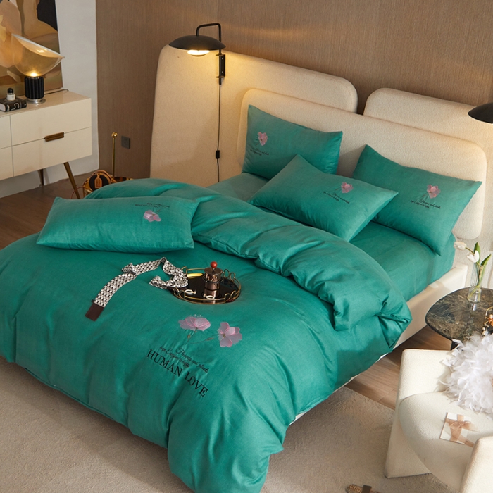 91家纺网 家纺一手货源 找家纺 凡客 2021秋冬新款雅棉刺绣四件套-花颜 花颜-绿