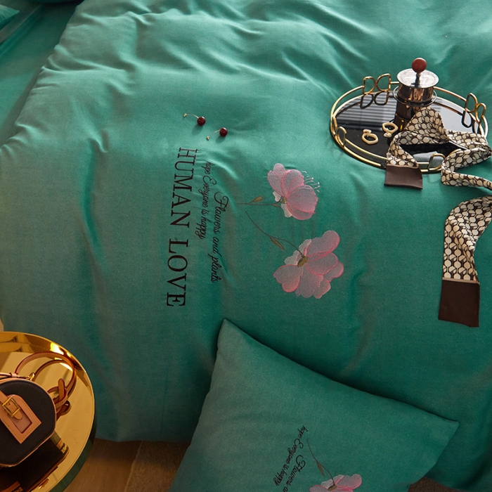 91家纺网 家纺一手货源 找家纺 凡客 2021秋冬新款雅棉刺绣四件套-花颜 花颜-绿