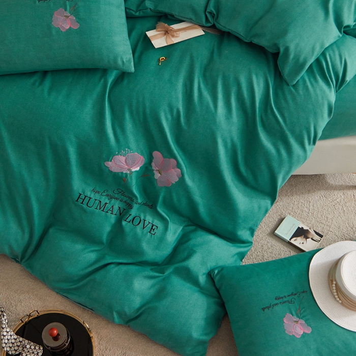 91家纺网 家纺一手货源 找家纺 凡客 2021秋冬新款雅棉刺绣四件套-花颜 花颜-绿