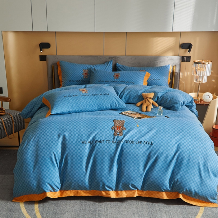 91家纺网 家纺一手货源 找家纺 凡客 2021秋冬新款埃类棉刺绣磨毛四件套-熊 轻奢熊-宾利蓝