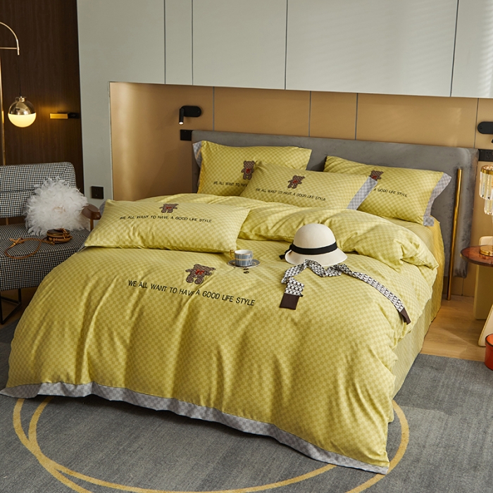 91家纺网 家纺一手货源 找家纺 凡客 2021秋冬新款埃类棉刺绣磨毛四件套-熊 轻奢熊-蜂蜜黄