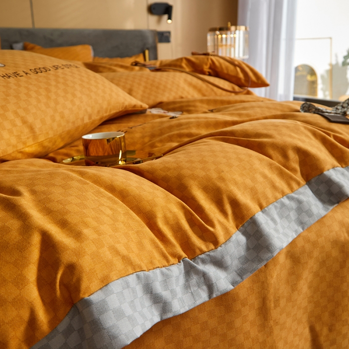 91家纺网 家纺一手货源 找家纺 凡客 2021秋冬新款埃类棉刺绣磨毛四件套-熊 轻奢熊-落日橙