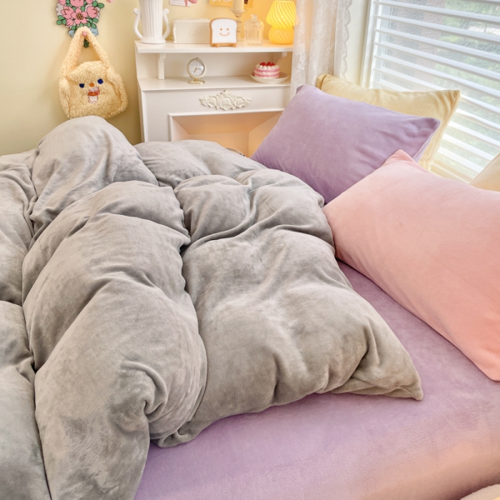 91家纺网 家纺一手货源 找家纺 慕尚 2022新款纯色搭色奶油席牛奶绒四件套 少女-灰