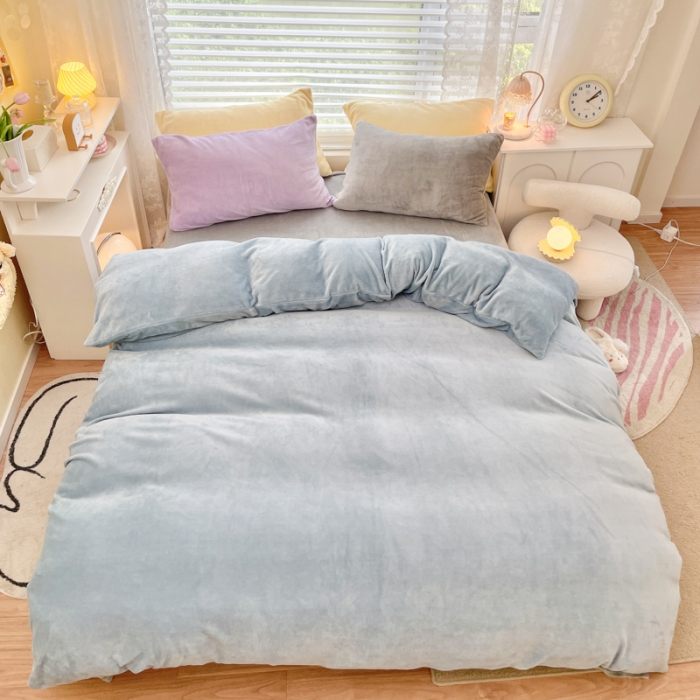 91家纺网 家纺一手货源 找家纺 慕尚 2022新款纯色搭色奶油席牛奶绒四件套 少女-蓝