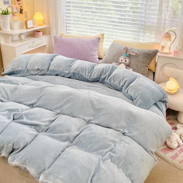 91家纺网 家纺一手货源 找家纺 慕尚 2022新款纯色搭色奶油席牛奶绒四件套 少女-蓝