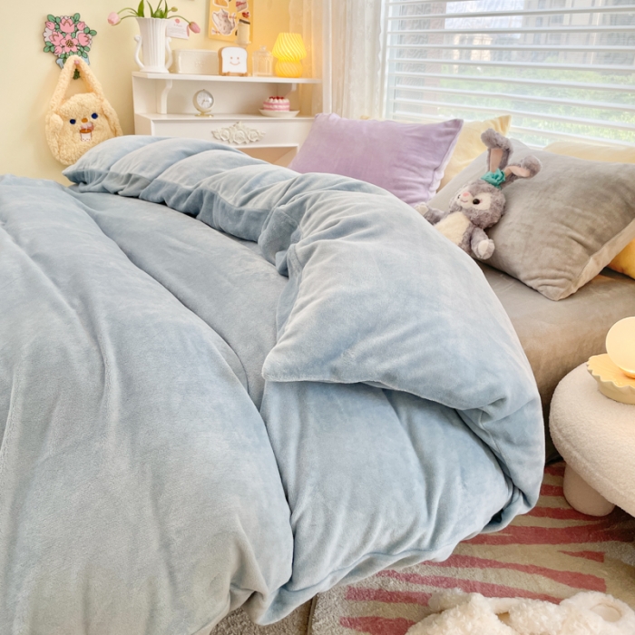 91家纺网 家纺一手货源 找家纺 慕尚 2022新款纯色搭色奶油席牛奶绒四件套 少女-蓝