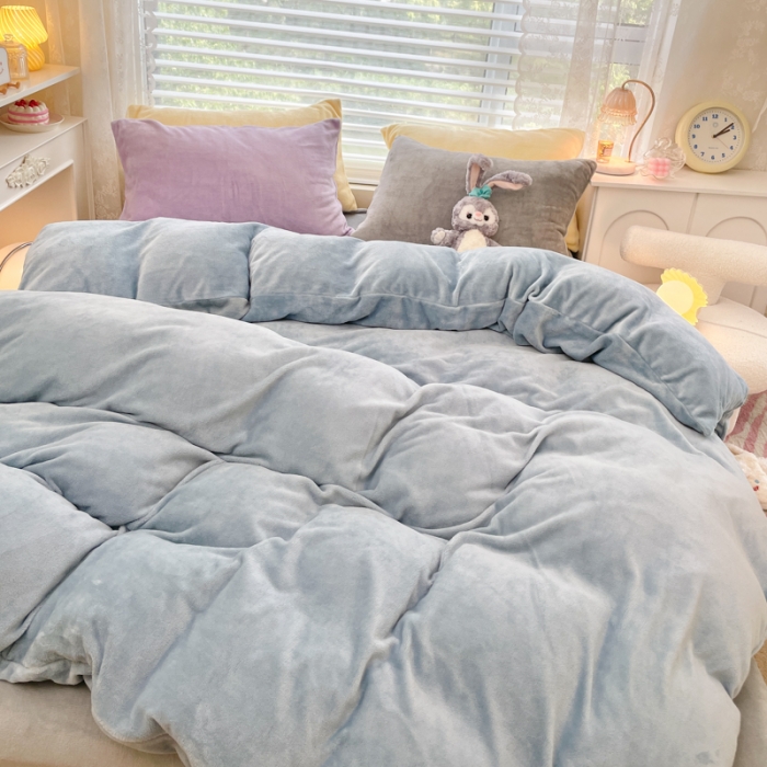 91家纺网 家纺一手货源 找家纺 慕尚 2022新款纯色搭色奶油席牛奶绒四件套 少女-蓝