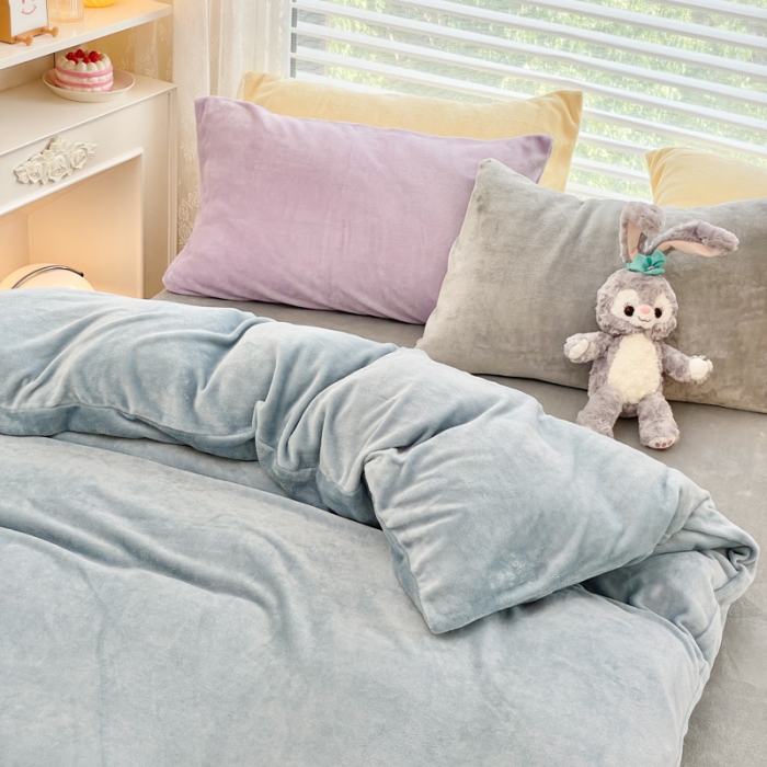 91家纺网 家纺一手货源 找家纺 慕尚 2022新款纯色搭色奶油席牛奶绒四件套 少女-蓝