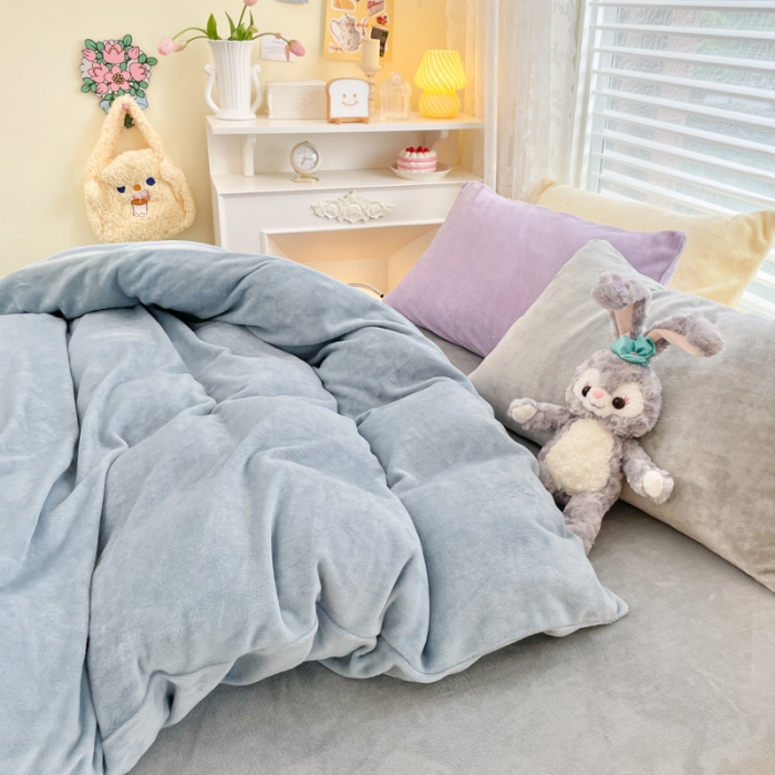 91家纺网 家纺一手货源 找家纺 慕尚 2022新款纯色搭色奶油席牛奶绒四件套 少女-蓝