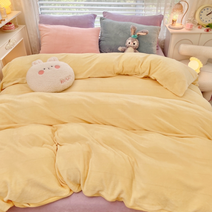 91家纺网 家纺一手货源 找家纺 慕尚 2022新款纯色搭色奶油席牛奶绒四件套 少女-暖黄