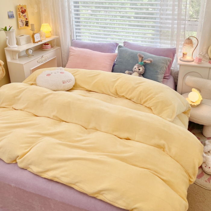 91家纺网 家纺一手货源 找家纺 慕尚 2022新款纯色搭色奶油席牛奶绒四件套 少女-暖黄