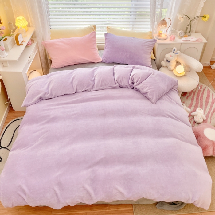 91家纺网 家纺一手货源 找家纺 慕尚 2022新款纯色搭色奶油席牛奶绒四件套 少女-紫