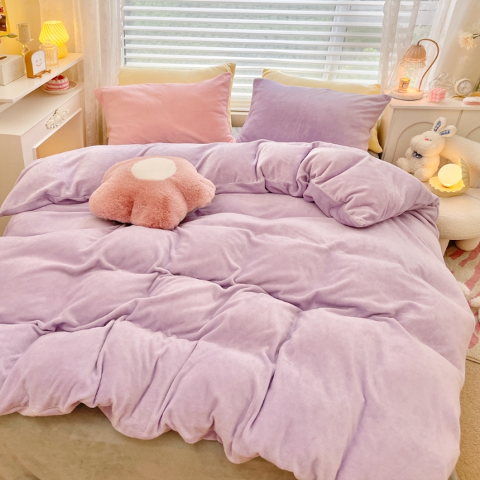 91家纺网 家纺一手货源 找家纺 慕尚 2022新款纯色搭色奶油席牛奶绒四件套 少女-紫