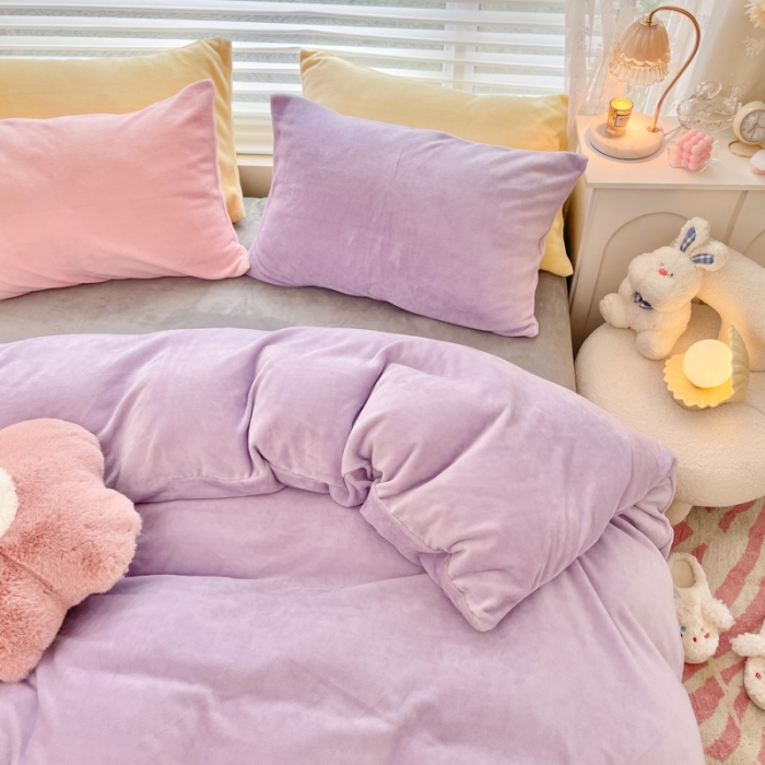 91家纺网 家纺一手货源 找家纺 慕尚 2022新款纯色搭色奶油席牛奶绒四件套 少女-紫