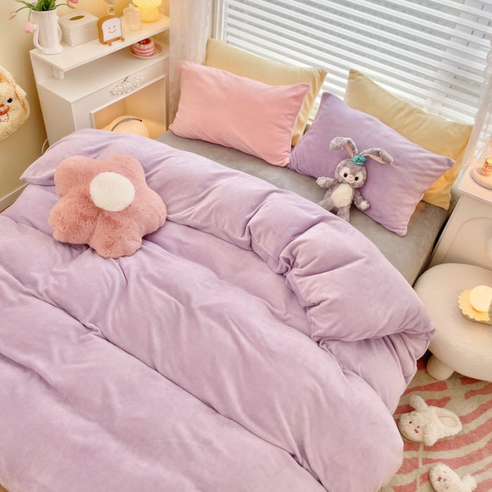 91家纺网 家纺一手货源 找家纺 慕尚 2022新款纯色搭色奶油席牛奶绒四件套 少女-紫