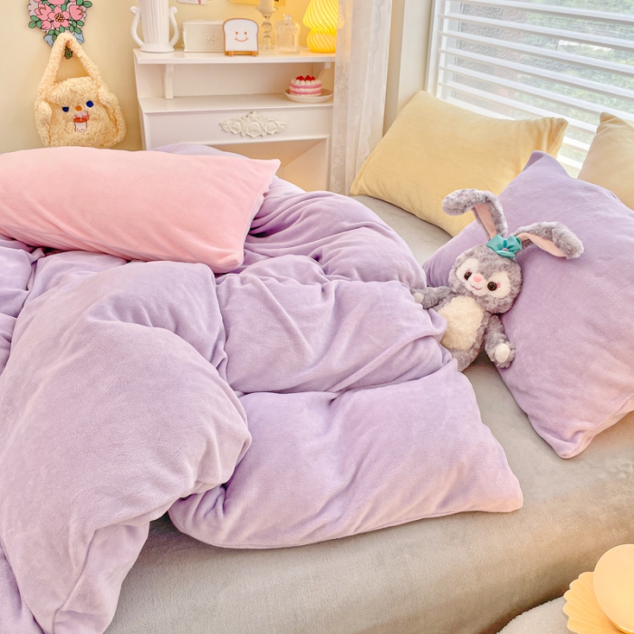 91家纺网 家纺一手货源 找家纺 慕尚 2022新款纯色搭色奶油席牛奶绒四件套 少女-紫