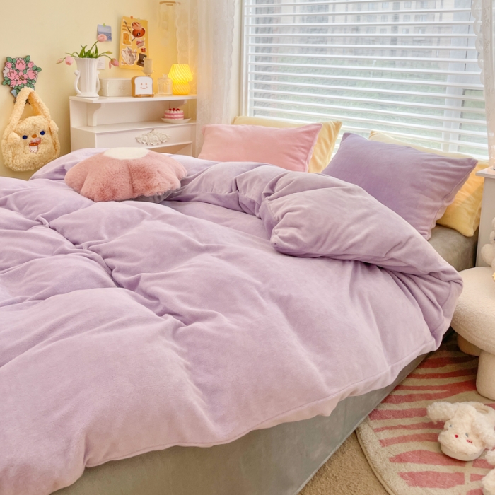 91家纺网 家纺一手货源 找家纺 慕尚 2022新款纯色搭色奶油席牛奶绒四件套 少女-紫